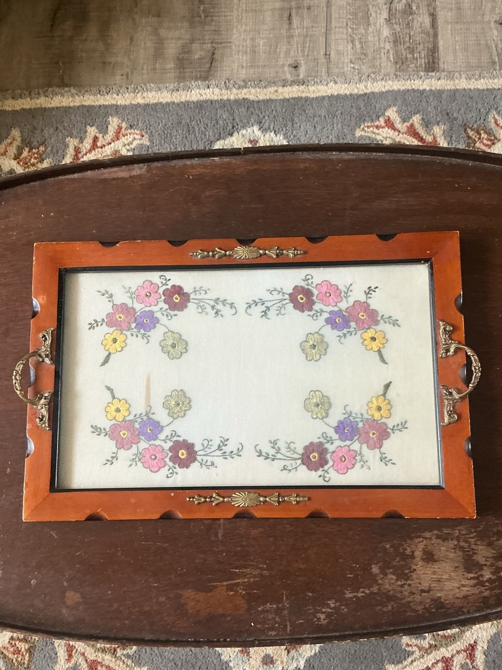 Antique Wooden Tray Brass Handles Floral Embroidered Flowers Cottage Core French